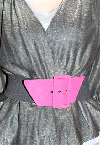 80S VINTAGE BLACK & BOLD PINK CHUNKY WIDE ELASTIC BELT