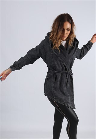 VINTAGE DENIM WRAP JACKET LONG HOODED UK 8 - 10 (J2S)