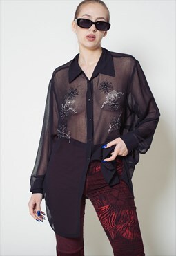 Vintage 90s Gothic Sheer Black Party Shirt w Embroidery L
