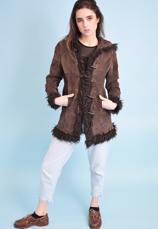 90'S RETRO REAL SUEDE & FAUX FUR SHERPA SHEARLING JACKET