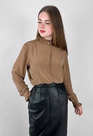 70's Vintage Brown Pie Crust Ruffle Long Sleeve Blouse