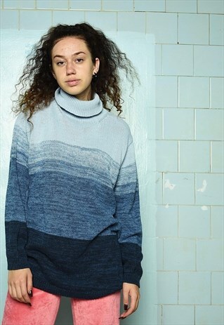 VINTAGE 90S LONGLINE KNIT ROLL NECK JUMPER PULLOVER OMBRE