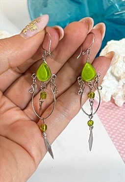 Y2K Silver and Lime Green Glass Boho Drop Earrings