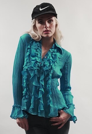 VINTAGE 90'S BLUE RUFFLE PLEAT BLOUSE