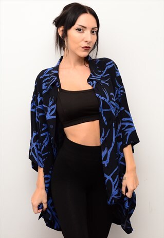 VINTAGE 90'S NEON BLUE RETRO CRAZY PATTERNED OVERSIZED SHIRT