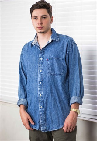 VINTAGE TOMMY HILFIGER SHIRT DENIM LOGO 90S L 17.3