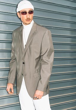 Vintage 90s Glossy Khaki Grey Oversize Street Blazer Suit 
