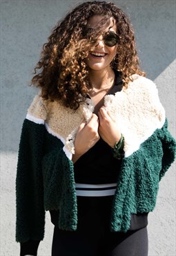Fleece Bomber Jacket in Green with Color Blocking in Cream