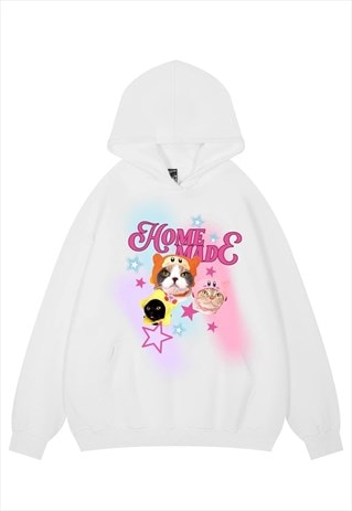 GRUMPY CAT HOODIE PSYCHEDELIC PULLOVER KITTY TOP IN WHITE