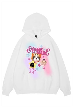 Grumpy cat hoodie psychedelic pullover kitty top in white