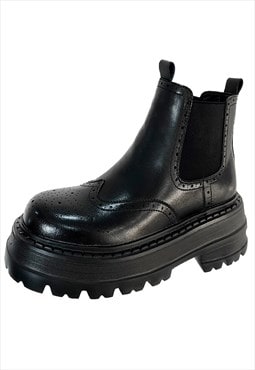 High platform brogue boots chunky sole slip on shoes black