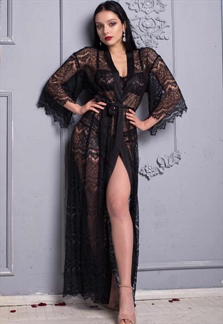 LONG BLACK SEE THROUGH LACE DRESSING GOWN