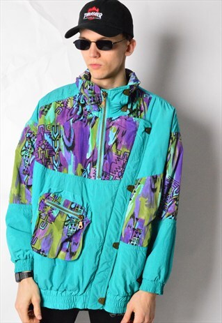 VINTAGE 80S BLUE ABSTRACT AZTEC SHELL SKI JACKET
