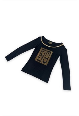 Vintage Fendi top black long sleeve gold rhinestone sparkly