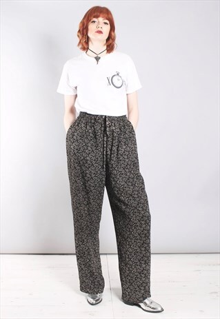 VINTAGE 80S CULOTTE TROUSERS IN BLACK AND BEIGE PRINT