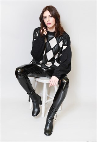VINTAGE 1980'S KNITTED BLACK & WHITE LEATHER JUMPER
