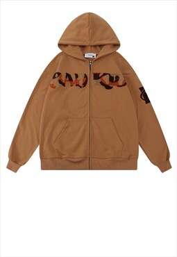 Bad kid hoodie fleece patch pullover camo slogan top brown