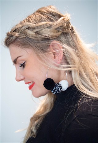 MONOCHROME POM POM HOOP EARRINGS