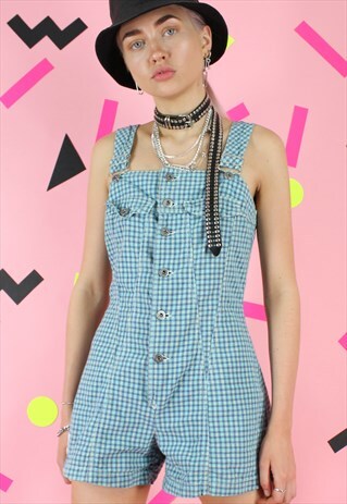 VINTAGE 90S DUNGAREES PLAYSUIT BENETTON Y2K BABY BLUE CHECK