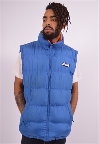 ASICS MENS VINTAGE REVERSIBLE PADDED GILET LARGE BLUE 90S