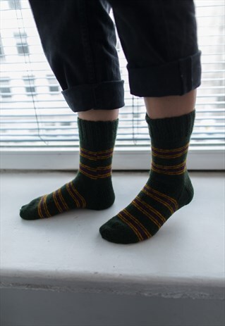 GREEN STRIPED HANDMADE KNITTED WOOL SOCKS