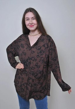 Vintage oversized flowers blouse, retro women brown shirt 