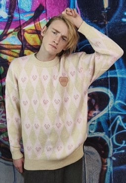 Geometric heart sweater love 90s diamond jumper pastel pink