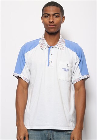 VINTAGE ADIDAS OPEN POLO SHIRT BLUE AND WHITE