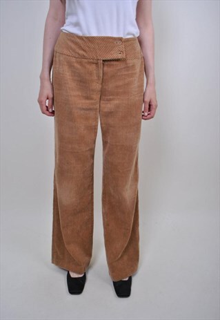 80S BOHO BROWN FLARE PANTS, VINTAGE WIDE STRAIGHT TROUSERS