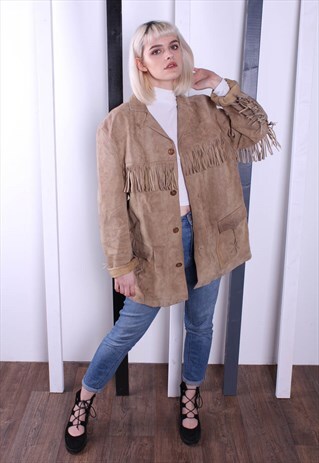 VINTAGE 70S BROWN SUEDE TASSEL FRINGED JACKET. OVERSIZED