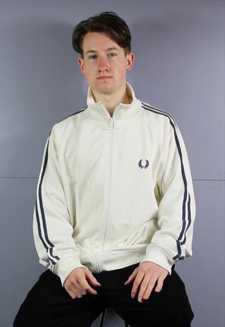 VINTAGE FRED PERRY WINDBREAKER TRACK JACKET IN WHITE WITH PO