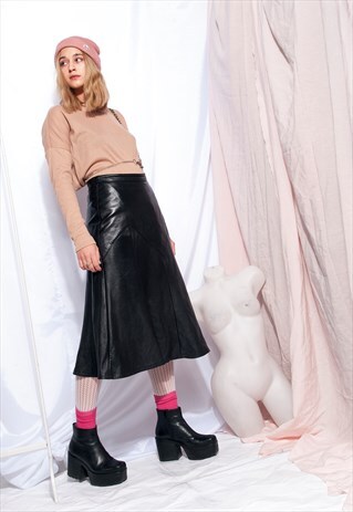 VINTAGE LEATHER SKIRT 80S HIGH-WAISTED MIDI SKIRT IN BLACK