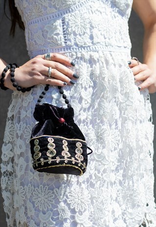 BLACK MINI CROSSBODY BAG GOLD VELVET WRIST LET POUCH