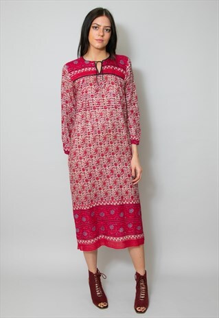 70'S VINTAGE INDIAN COTTON LONG SLEEVE MIDI DRESS RED