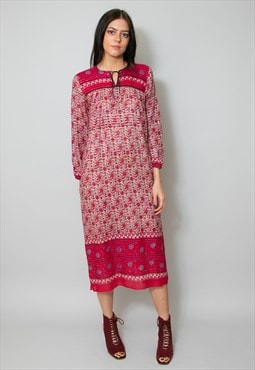 70's Vintage Indian Cotton Long Sleeve Midi Dress Red