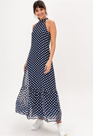 NAVY POLKA DOT LONG DRESS