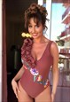 Chestnut Puff Sleeve Sequin Floral Swimsuit
