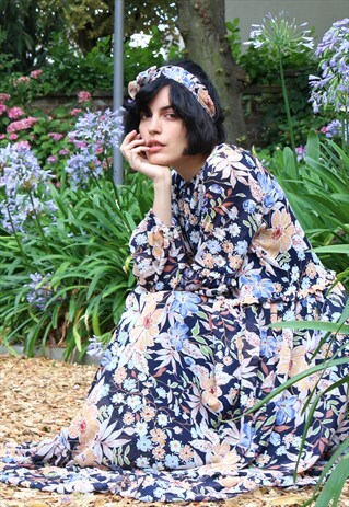 EXCEPTIONAL MULTI FLORAL PRINT ELEGANT LONG MAXI DRESS BLUE