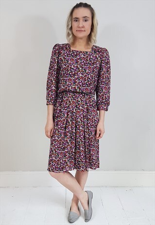 VINTAGE 80'S SQUARE NECKLINE FLORAL PURPLE DRESS
