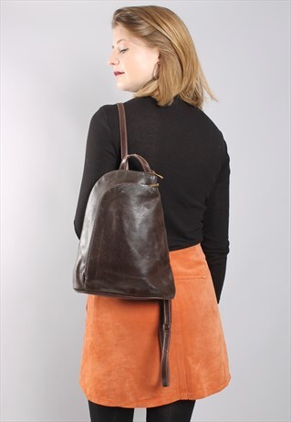 VINTAGE 90S BROWN FAUX LEATHER BACKPACK RUCKSACK