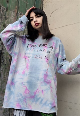 LOOSE FIT TIE DYE SWEATSHIRT GRAFFITI SLOGAN JUMPER TOP