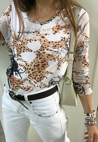 VINTAGE Y2K 00S ANIMAL LEOPARD PRINT SEQUINNED MESH TOP