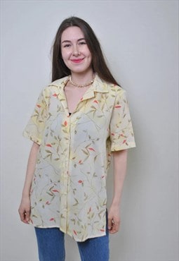 Flower boho blouse, vintage sheer blouse, yellow button up 