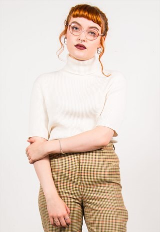VINTAGE 90'S WHITE CREAM ROLL NECK RIBBED TOP
