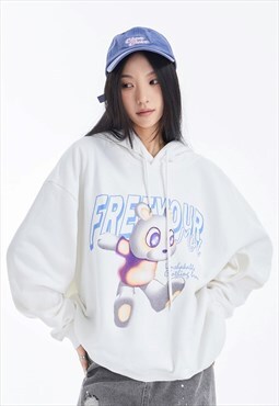 Cartoon hoodie mouse print pullover retro top in white