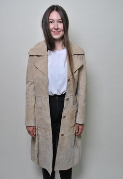 80's leather trench coat, vintage fall casual jacket 