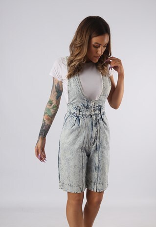 VINTAGE ACID WASH DENIM DUNGAREE SHORTS UK 6 (9EAA)
