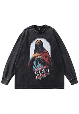 Virgin Mary t-shirt vintage wash top gangster print long tee
