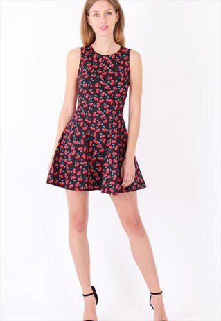 BLACK CHERRY PRINT CREW NECK SLEEVELESS MINI SKATER DRESS