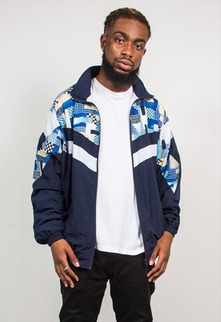 90'S RETRO NAVY BLUE PATCHWORK PATTERN TRACKSUIT JACKET